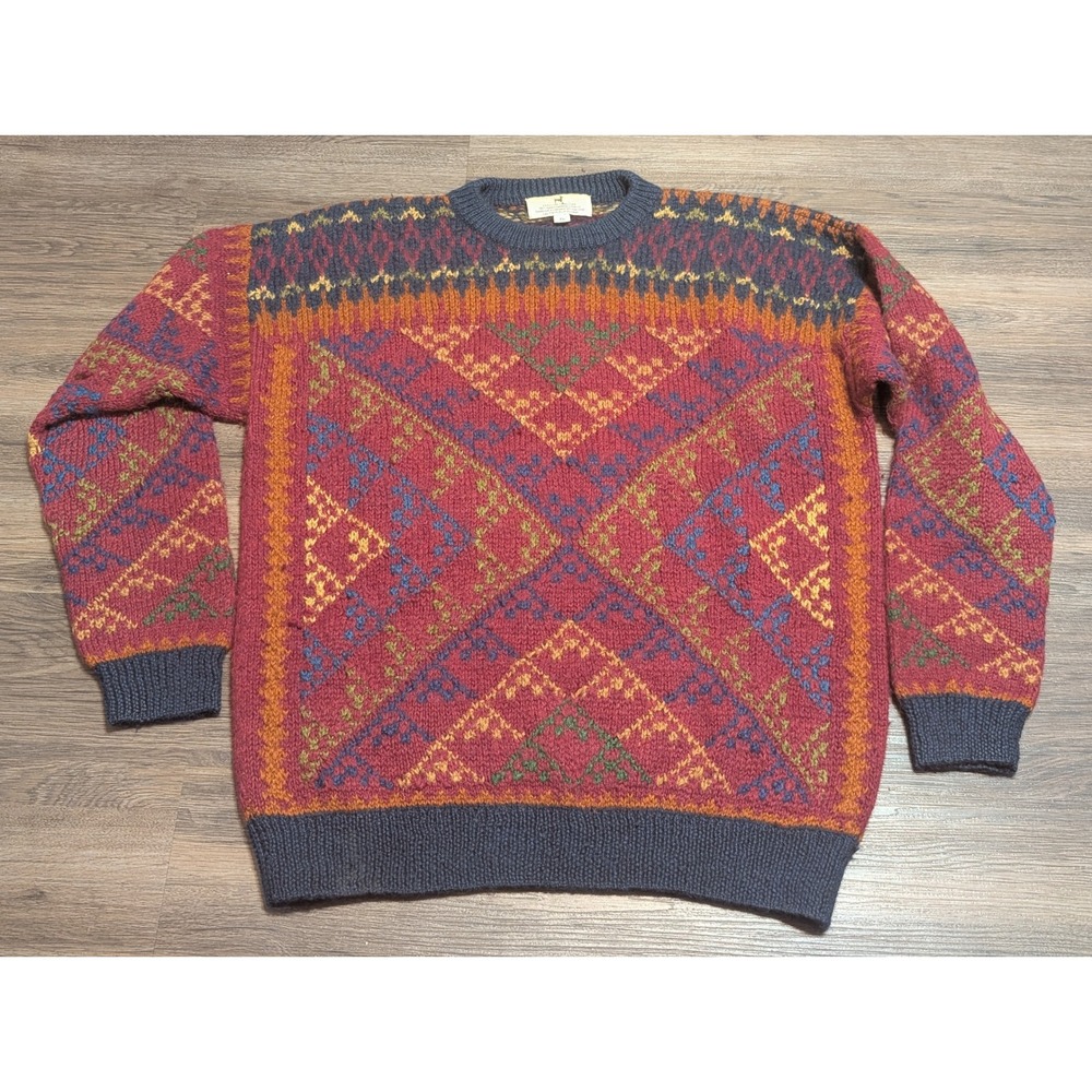 Peruvian Connection 100% Alpaca Handmade Geometric Sweater XL Burgundy Navy Blue